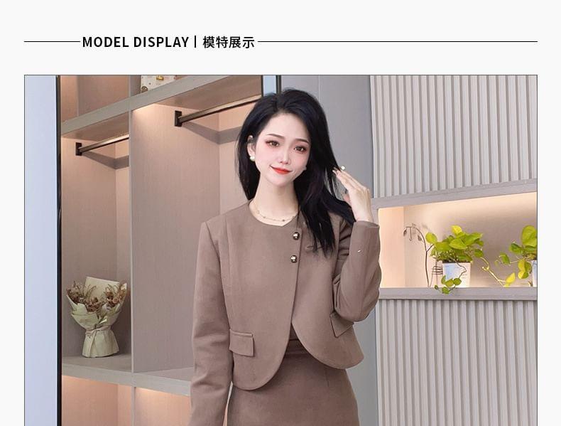 Set: Round Neck Plain Asymmetrical Button Jacket + High Waist Midi Pencil Skirt Product Image