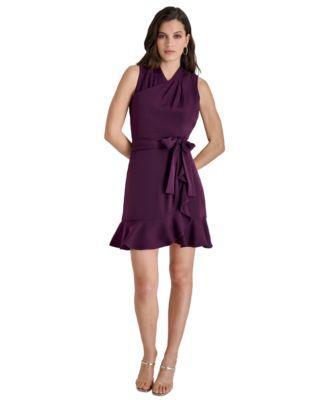 Dkny Womens Drape-Neck Sleeveless Tie-Waist Dress Product Image