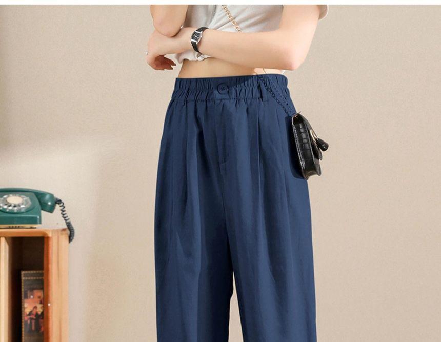 Elastic High Waist Plain Button-Fly Crop Tapered Pants Product Image