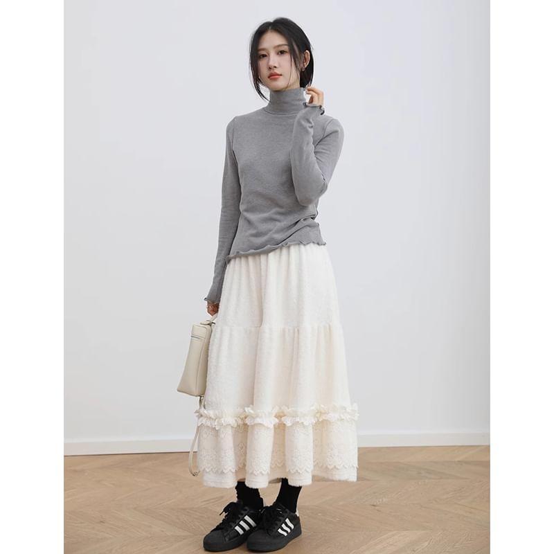 High Waist Plain Ruffle Lace Trim Maxi A-Line Skirt Product Image