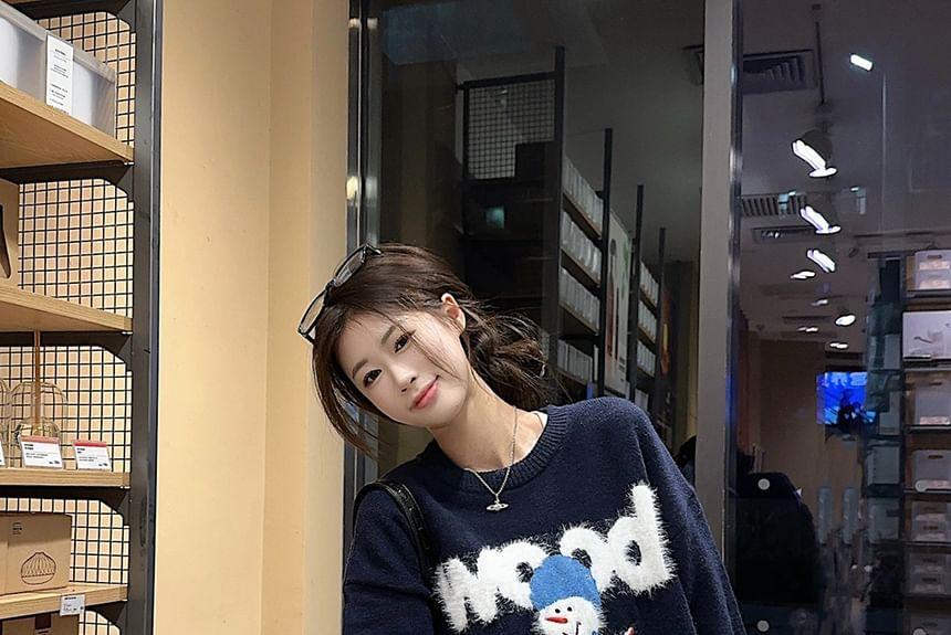 Round Neck Snowman Print Lettering Sweater Product Image