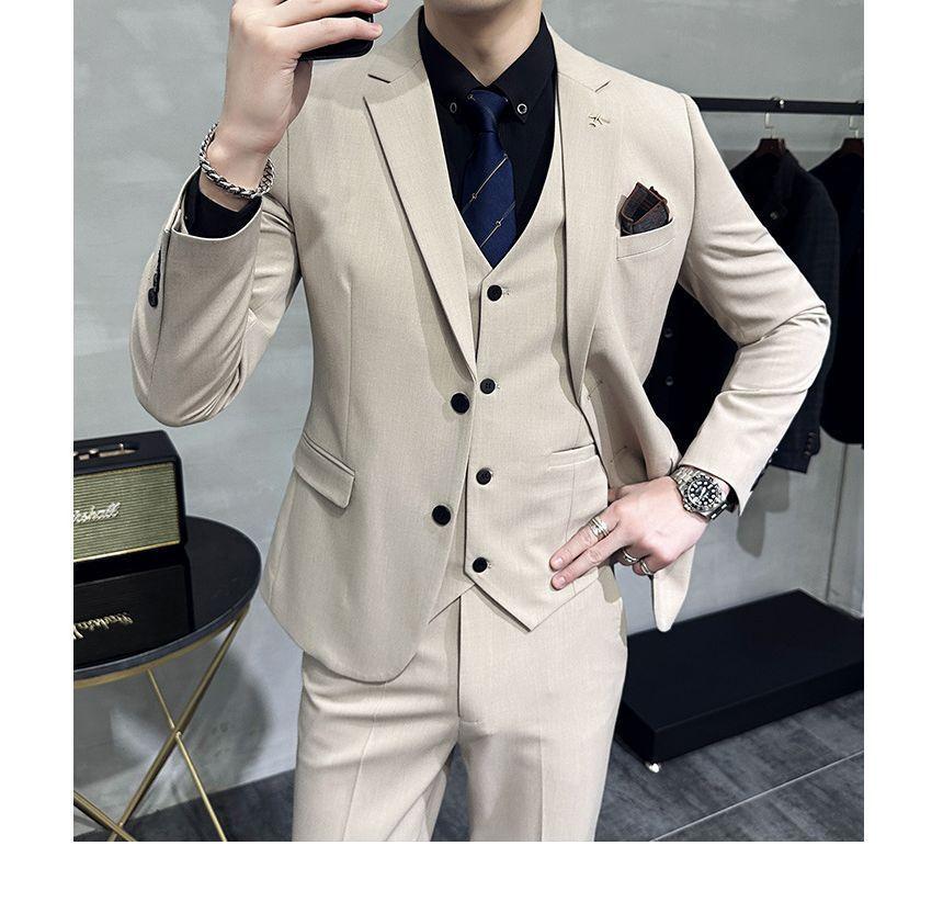 Set: Plain Single-Breasted Blazer + Vest + Straight Leg Dress Pants Product Image