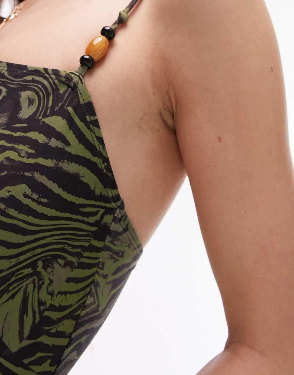 Topshop swimsuit with bead detail in khaki animal print Product Image