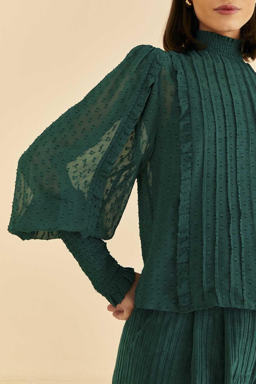 Emerald Ruffle Long Sleeve Blouse Product Image