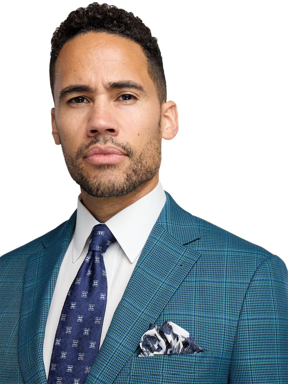 Microfiber Houndstooth Single Breasted Notch Lapel Suit - Navy/blue Product Image