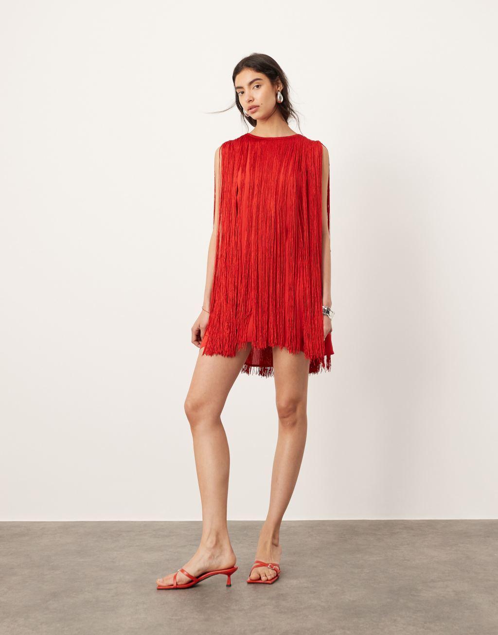 ASOS EDITION ultimate fringe trapeze mini dress in red Product Image