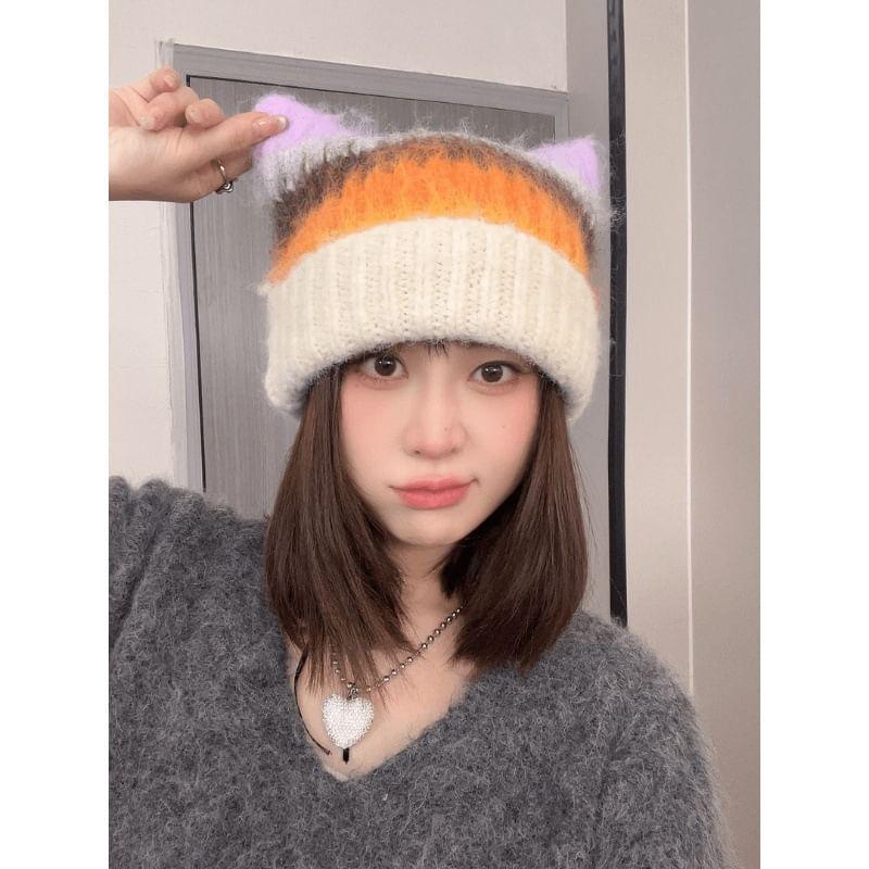 Cat Ear Color Block Beanie Product Image