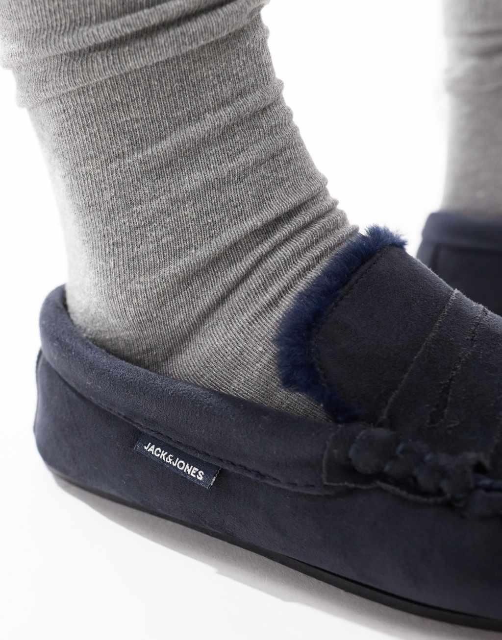 Jack & Jones faux suede moccasin slippers in navy Product Image