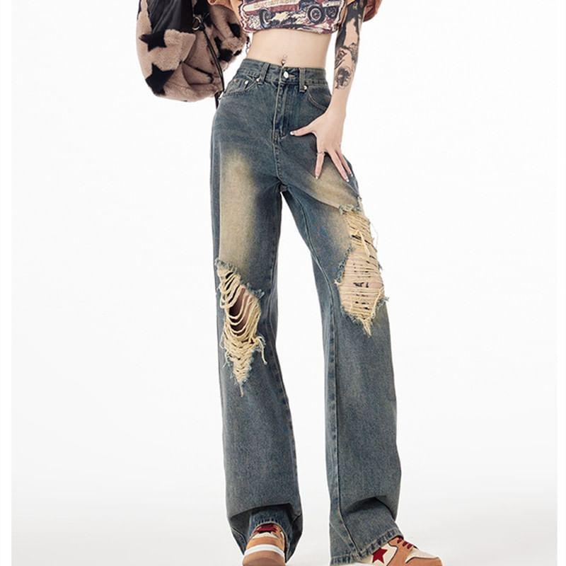 High Waist Washed Distressed Straight-Fit Wide-Leg Jeans Product Image