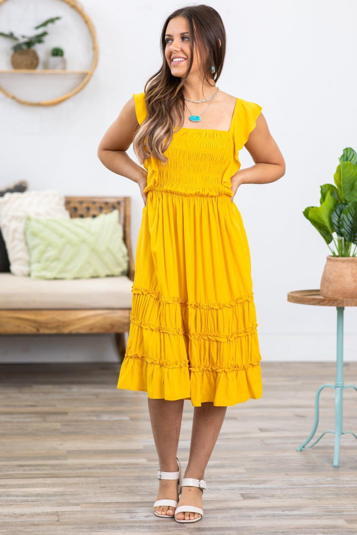 Golden Yellow Smocked Bodice Tie Back Dress Product Image