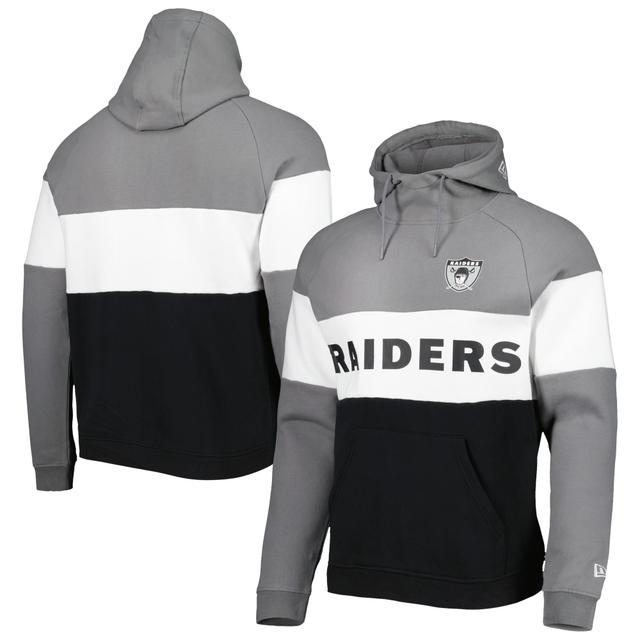 Mens New Era Black/Silver Las Vegas Raiders Colorblock Throwback Pullover Hoodie Product Image