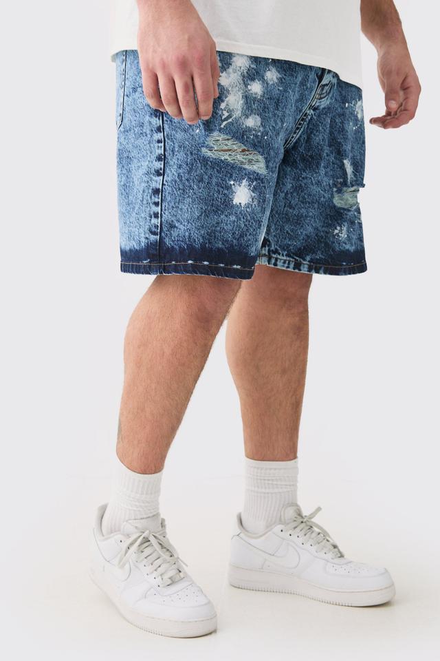 Mens Blue Plus Indigo Wash Paint Splatter Relaxed Fit Denim Shorts, Blue Product Image