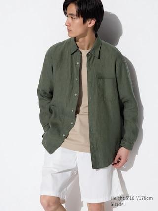 Mens Premium Linen Long-Sleeve Shirt Olive XS UNIQLO US Product Image