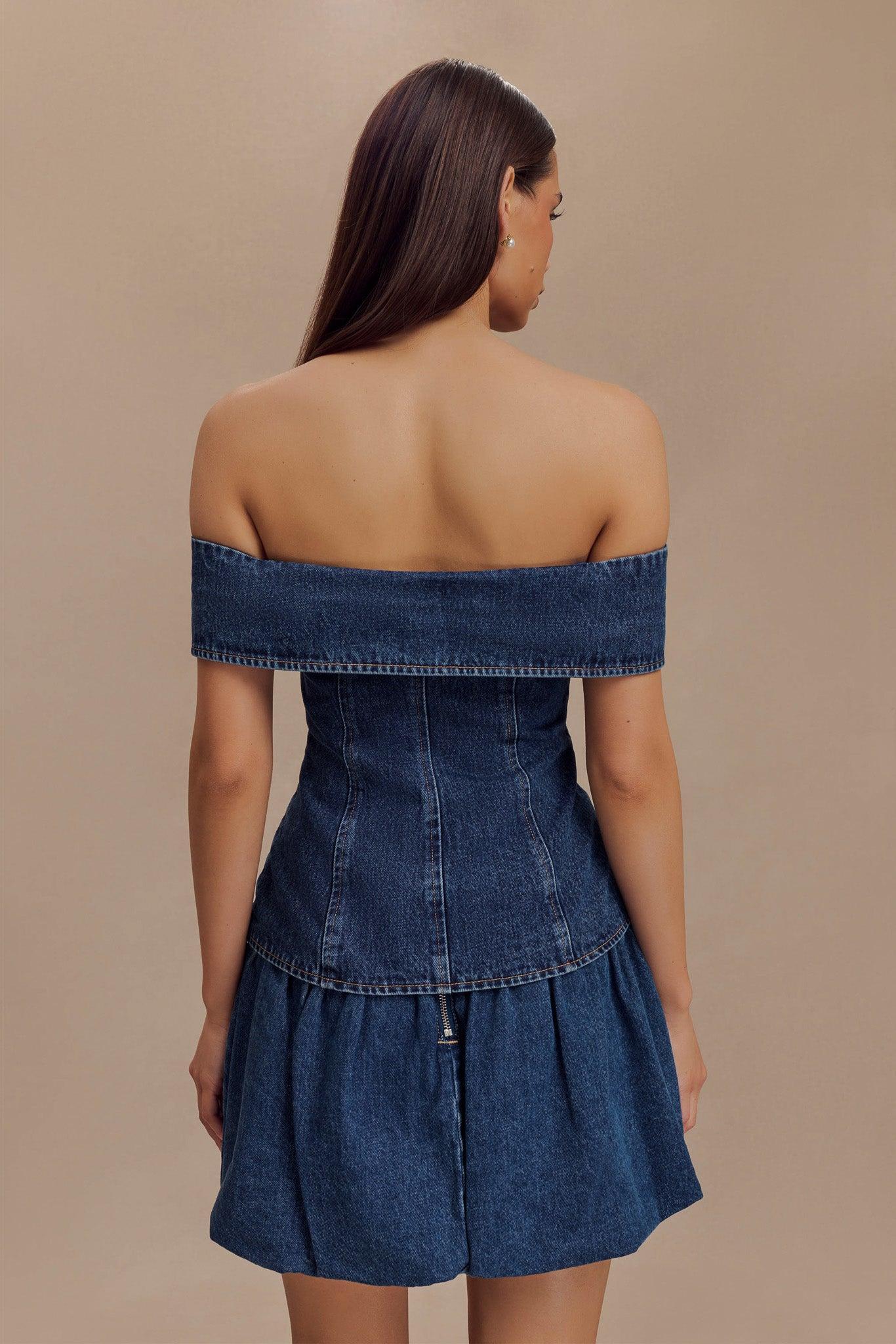 Krista Denim Off Shoulder Top - Dark Blue Product Image