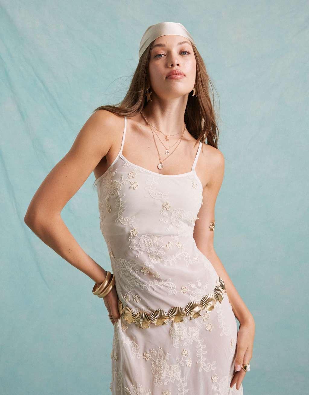 Miss Selfridge festival embroidered 3D floral sheer maxi dress in cream Product Image