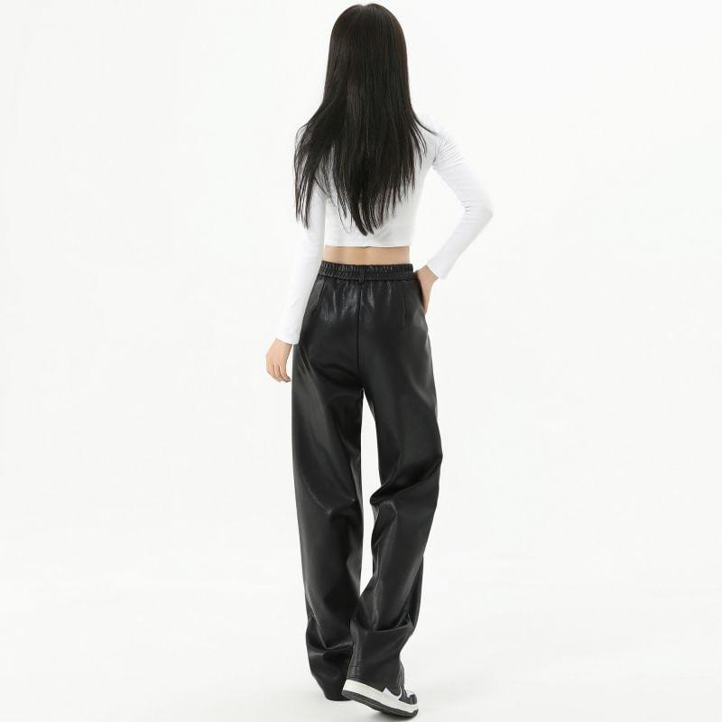 High Waist Plain Faux Leather Loose Fit Pants (Various Designs) Product Image