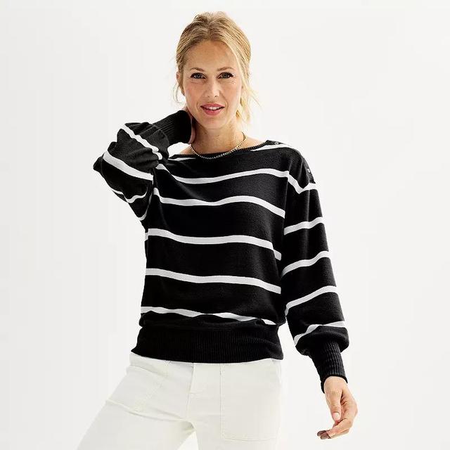 Petite Sonoma Goods For Life Cozy Boatneck Button Pullover, Womens Blue Snow Stripe Product Image