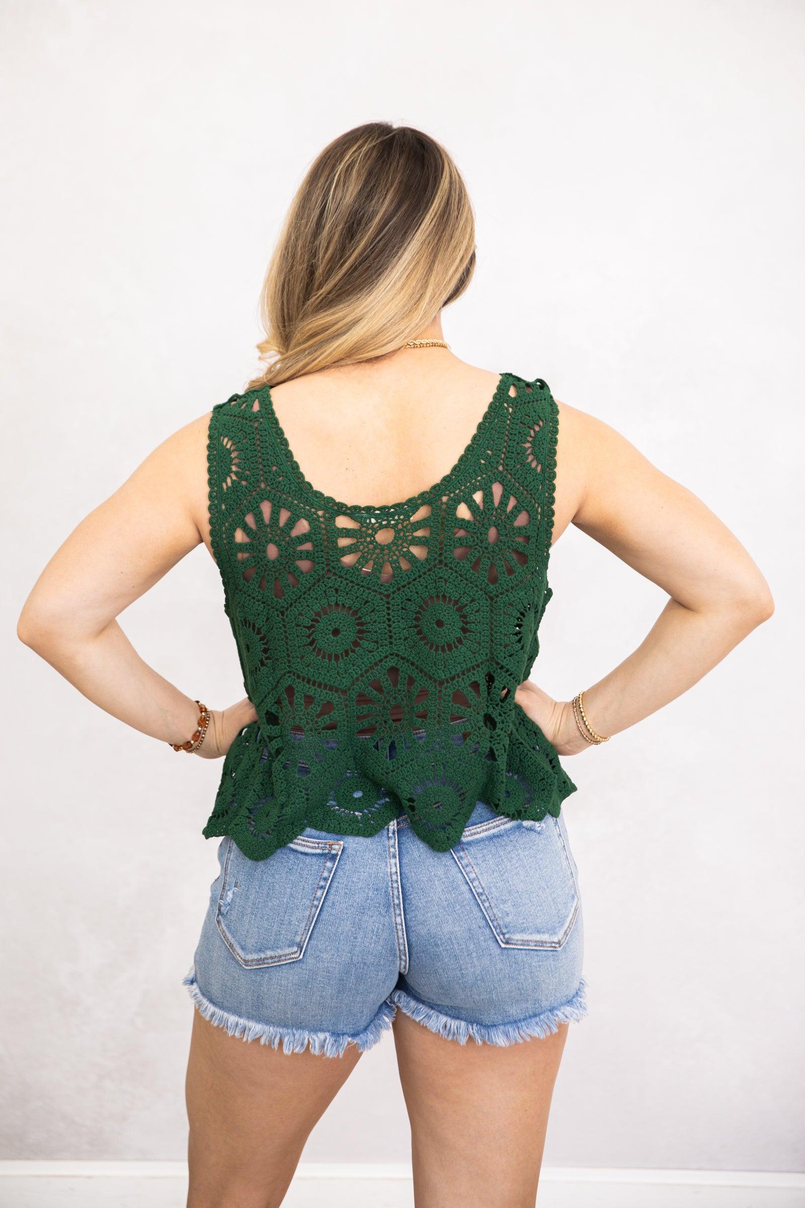 Hunter Green Casual Crochet Knit Tank Top Product Image