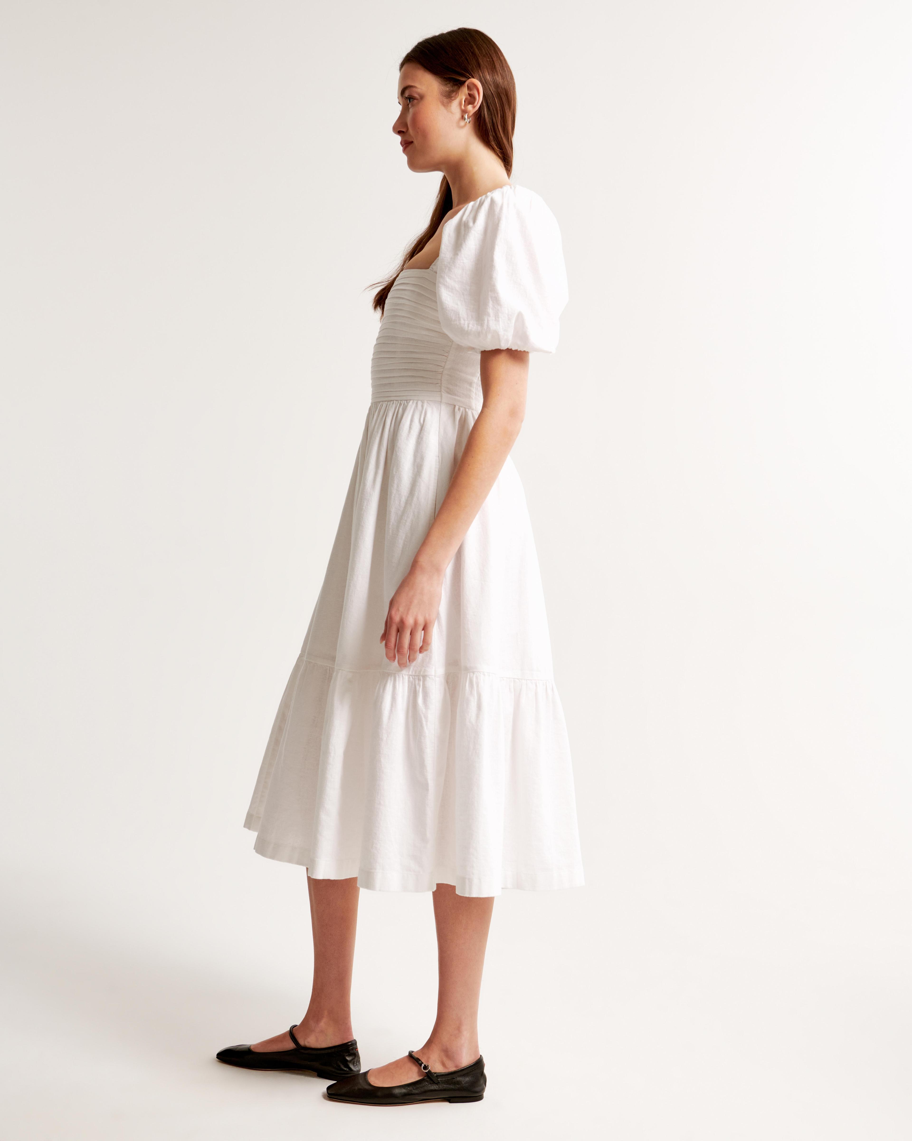 The A&F Emerson Linen-Blend Puff Sleeve Midi Dress Product Image