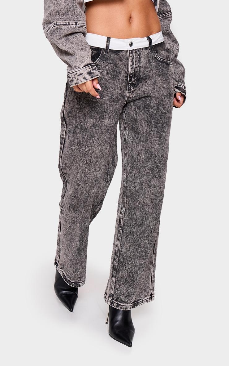 Petite Washed Grey Contrast Waistband Denim Jeans Product Image