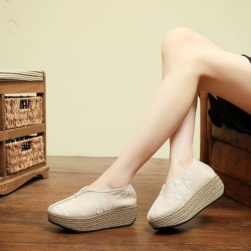 Platform Flower Embroidered Slip Ons Product Image