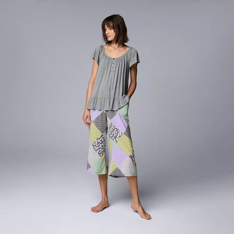 Womens Simply Vera Vera Wang Pajama Knit Top And Pajama Culotte Pants Sleep Set Grey Product Image