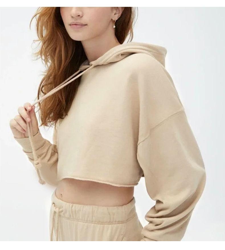 Drop Shoulder Drawstring Plain Cropped Hoodie Product Image