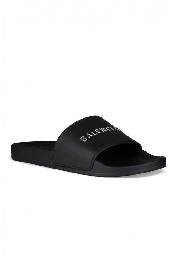 BALENCIAGA Logo-embossed Pool Slides In Black White Product Image