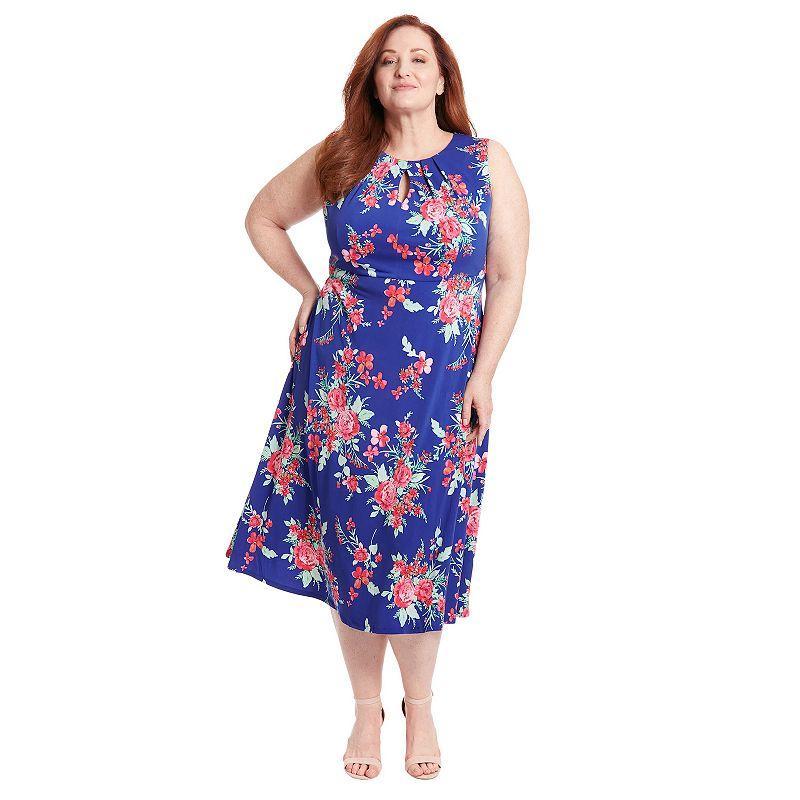 London Times Plus Size Floral-Print Keyhole Sleeveless A-Line Dress Product Image