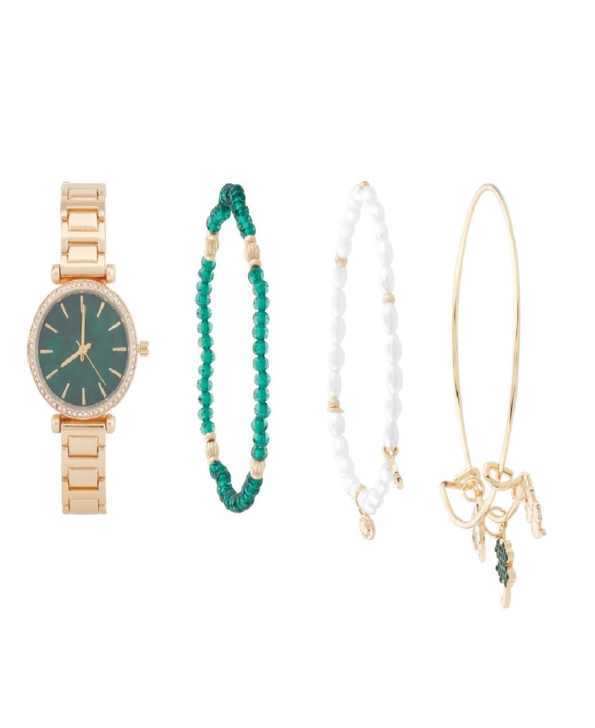 Jessica Carlyle Womens Analog Shiny Gold-Tone Metal Strap Watch 33mm 4 Pieces Bracelet Gift Set - Green Product Image