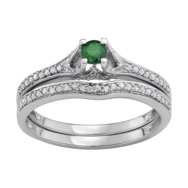 14k White Gold 1/3 Carat T.W. Diamond & Gemstone Engagement Ring Set, Womens Green Product Image