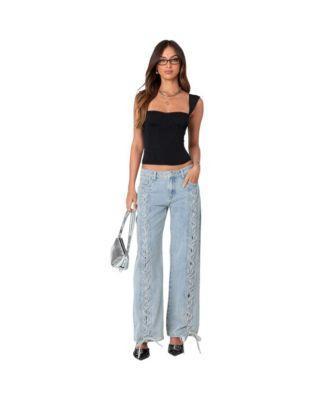 Edikted Womens Laced Up Low Rise Jeans Product Image