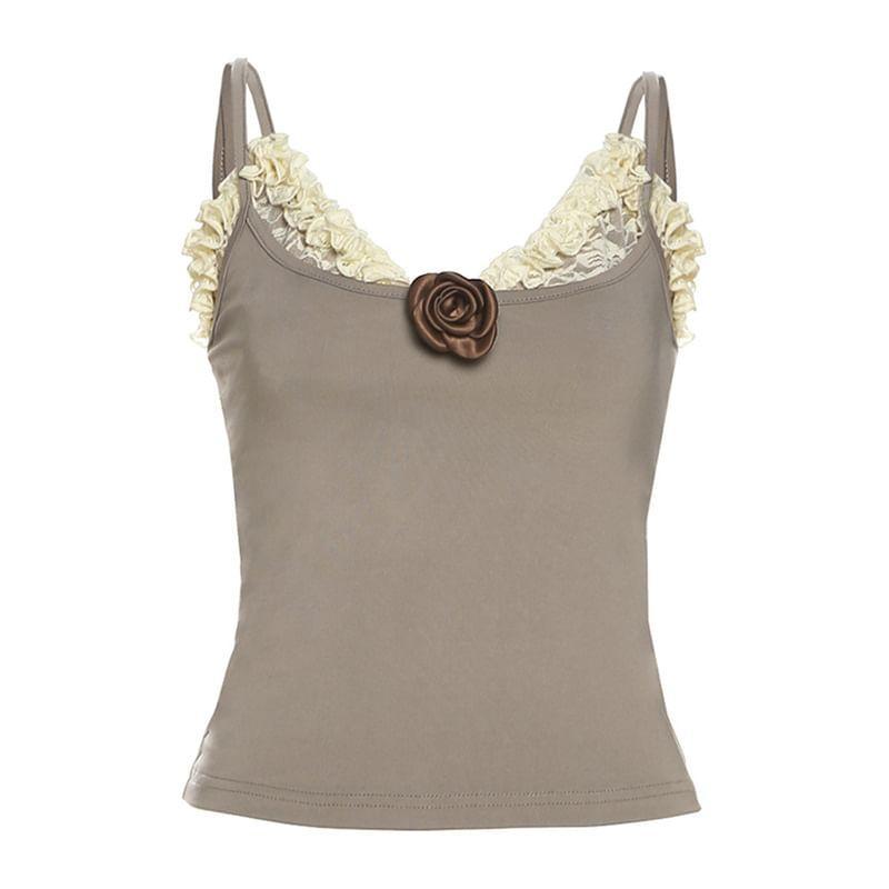 Set: V-Neck Plain Camisole Top + Lace Crop Top Product Image