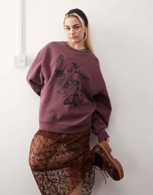 Reclaimed Vintage oversized sweat with butterfly print in burgundy Product Image