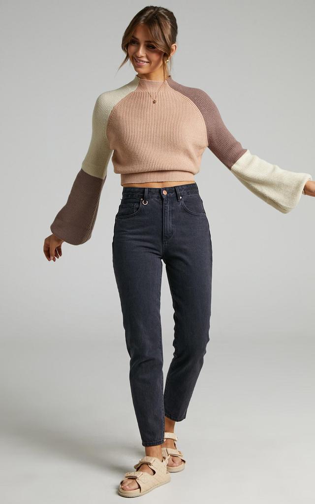 Kensley Jumper - Colour Block Turtleneck Balloon Sleeve Knit Jumper in Beige Product Image