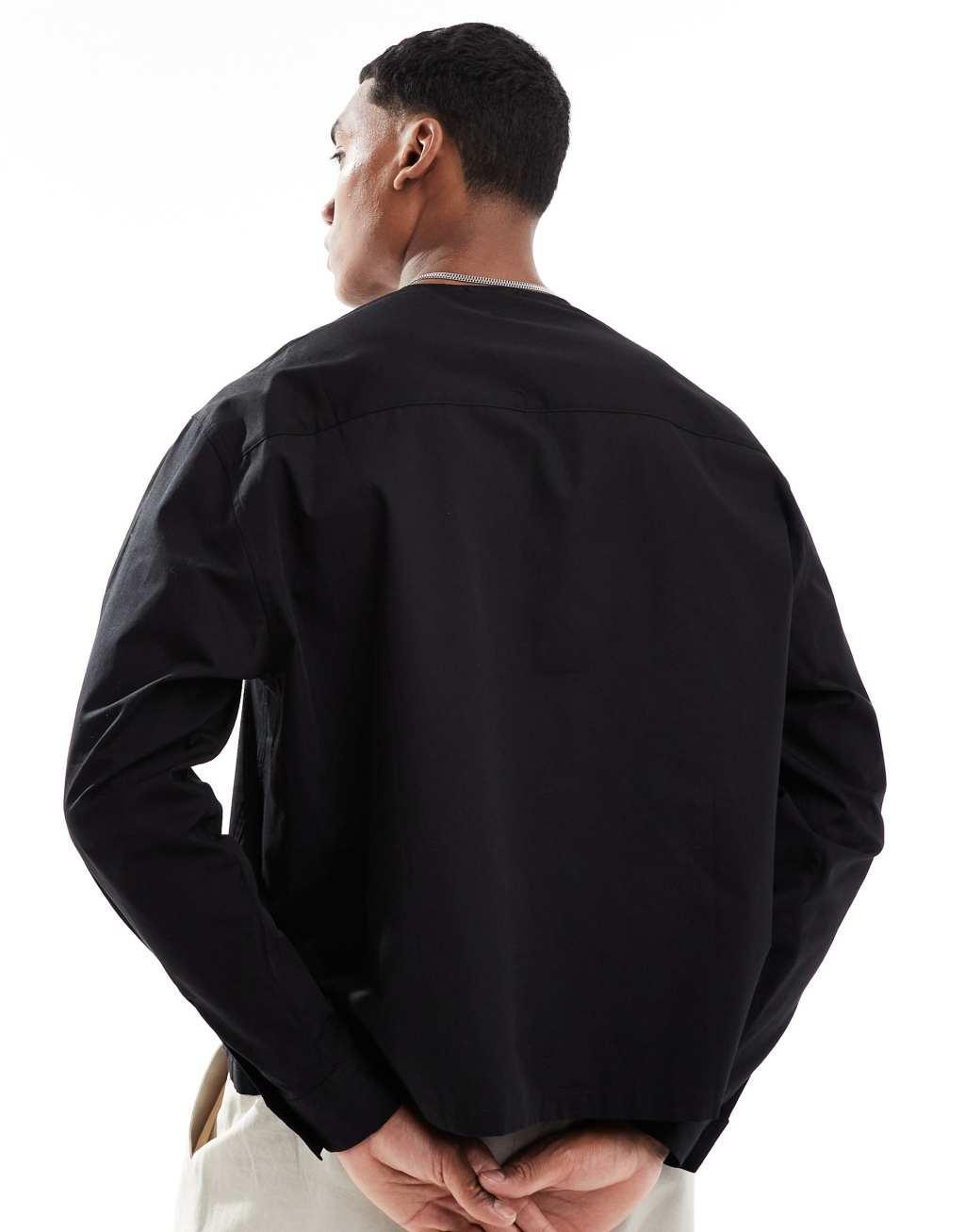 ASOS DESIGN oversized boxy shirt with baseball collar in black  Product Image