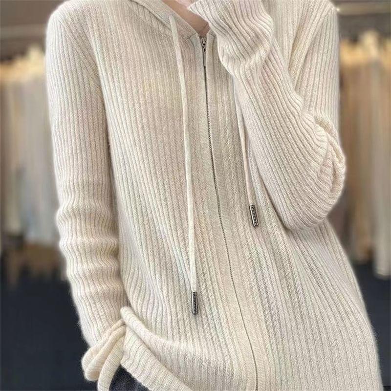 Plain Hooded Ribbed Zip Cardigan product image