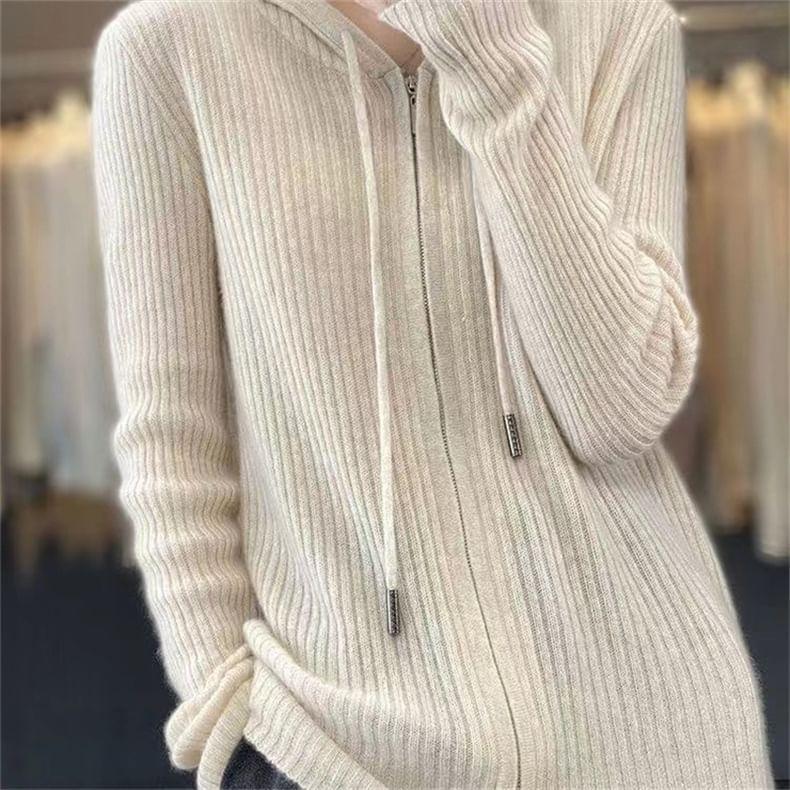 Plain Hooded Ribbed Zip Cardigan Product Image