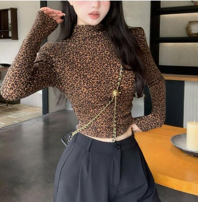 Long-Sleeve Mock Neck Leopard Print Crop Top Product Image