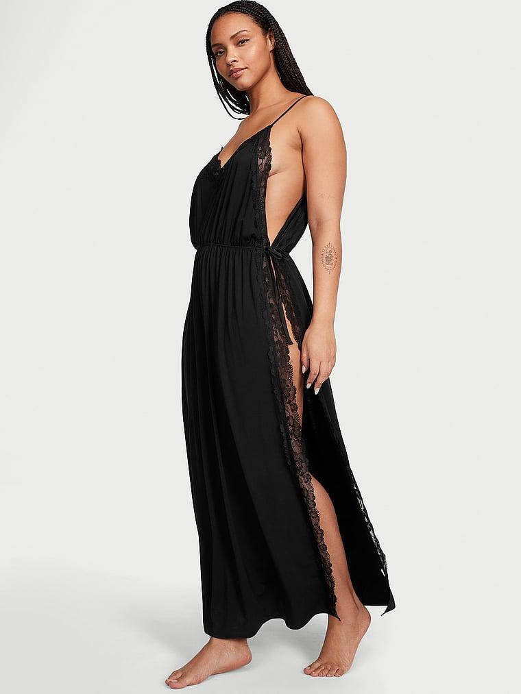 Modal Lace-Trim High-Slit Maxi Slip Dress Product Image