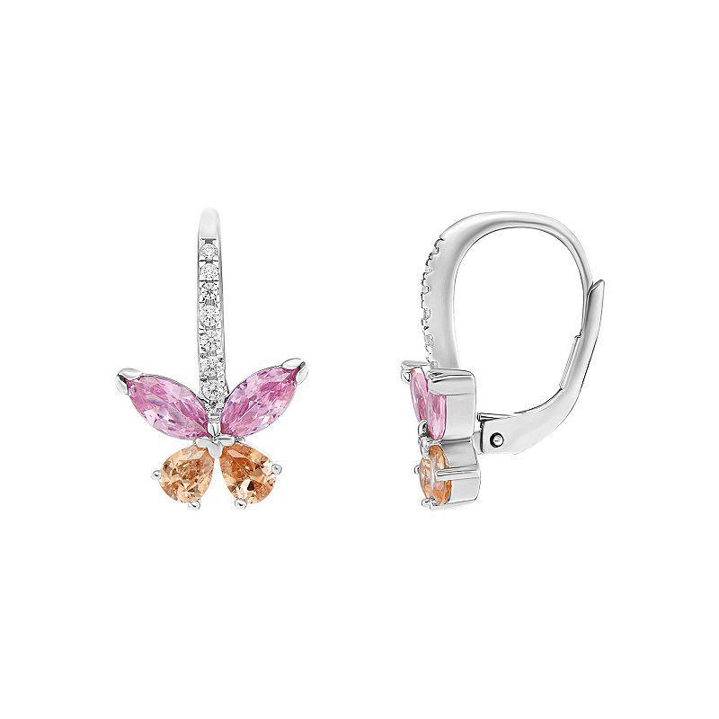 PRIMROSE Sterling Silver Clear, Pink & Champagne Cubic Zirconia Butterfly Leverback Earrings, Womens, Sterling Pink Product Image