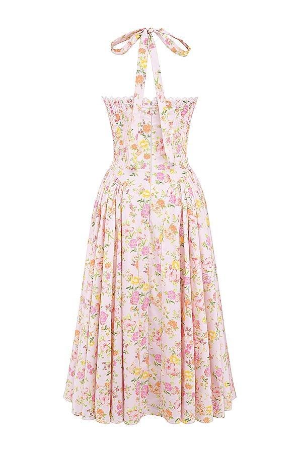 Adabella Pink Meadow Print Cotton Halter Midi Sundress Product Image