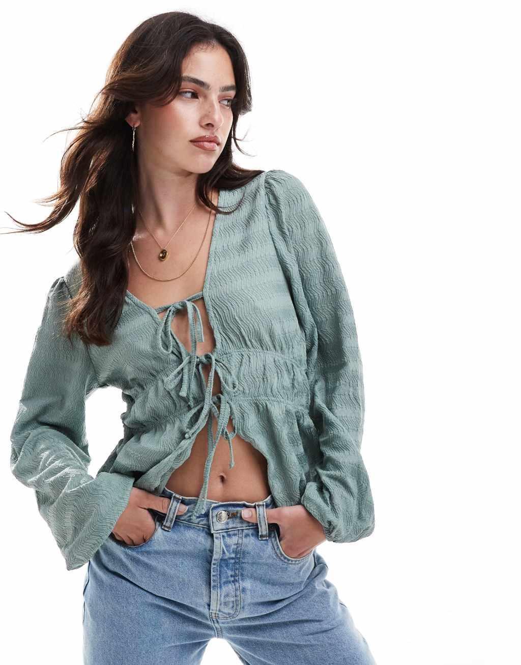 Vila textured tie front top in sage green Product Image