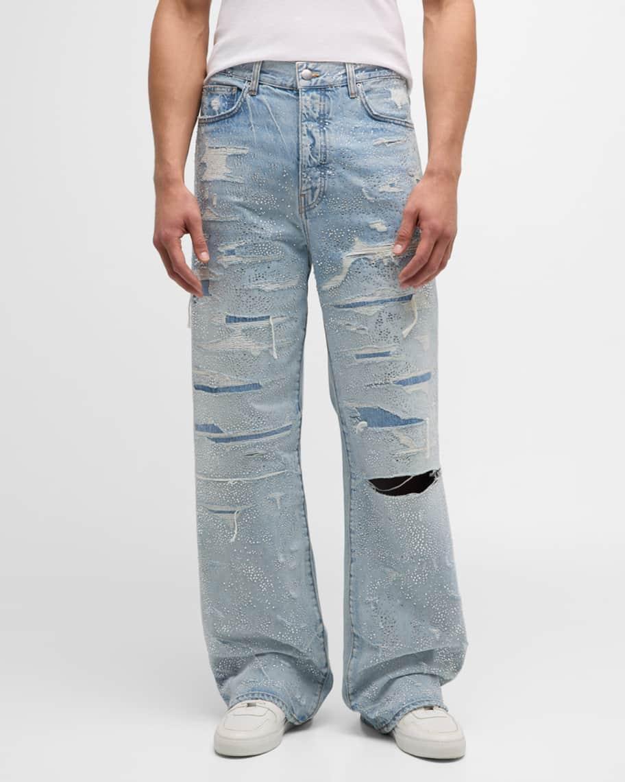 Mens Crystal-Embellished Repaired Baggy Jeans Product Image