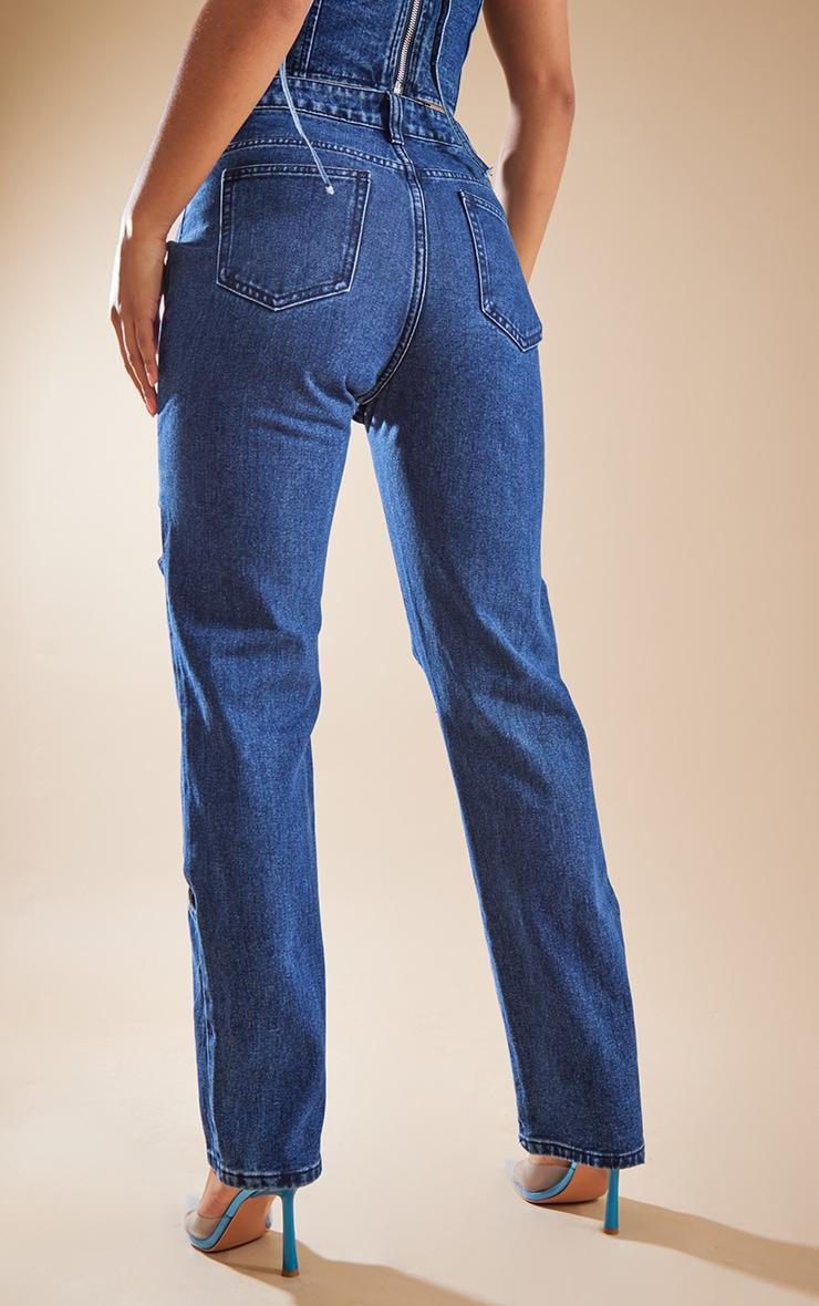 Dark Blue Wash Cut Out Thigh Straight Leg Jeans Product Image