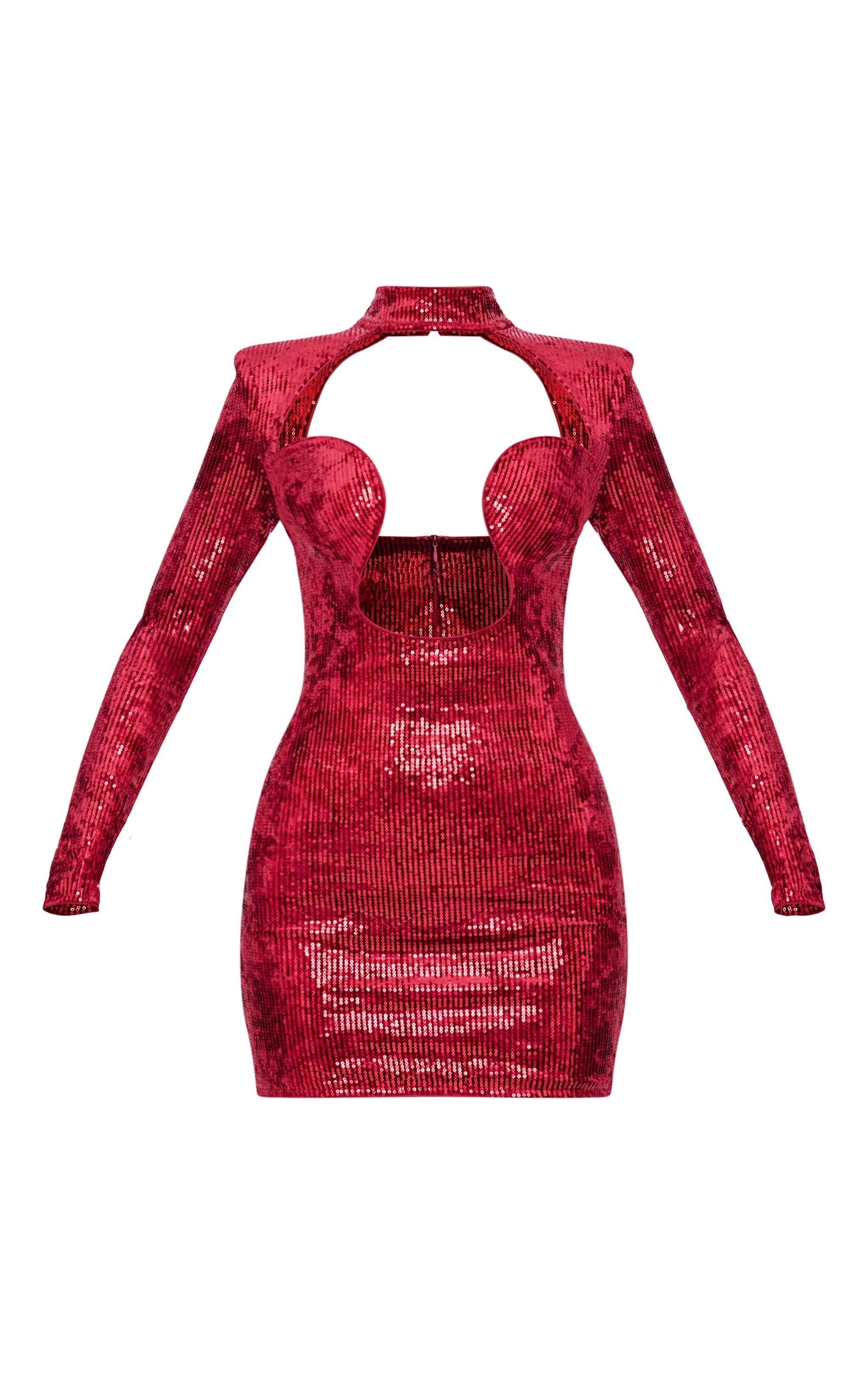 Cherry Red Sequin Underwire Detail Long Sleeve Bodycon Dress Product Image