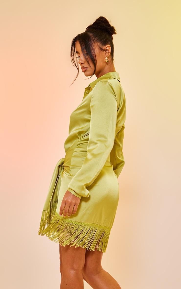 Lime Satin Drape Detail Tassel Hem Shirt Dress Product Image