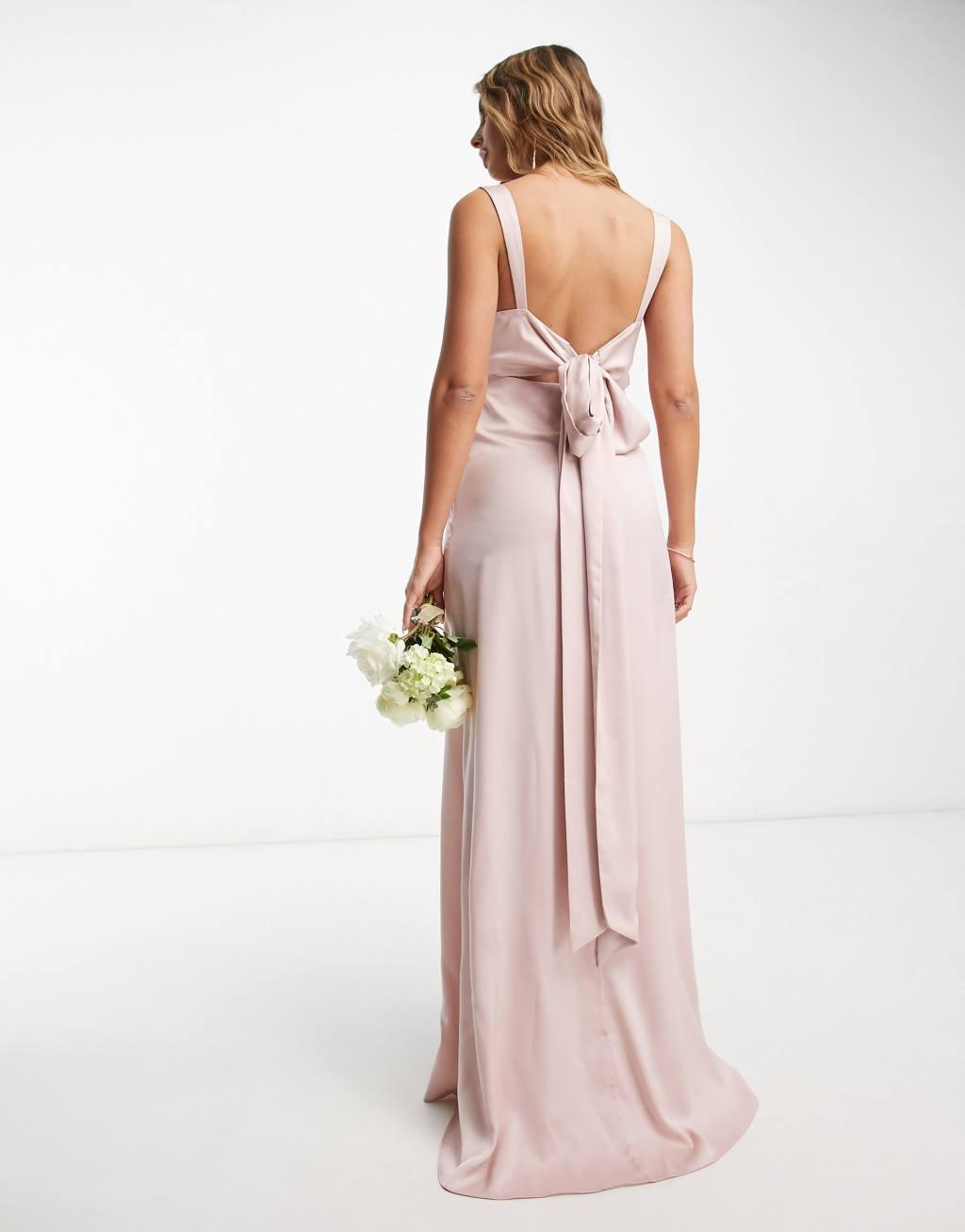 ASOS DESIGN Bridesmaid satin drape maxi dress with bow back in blush pink Product Image