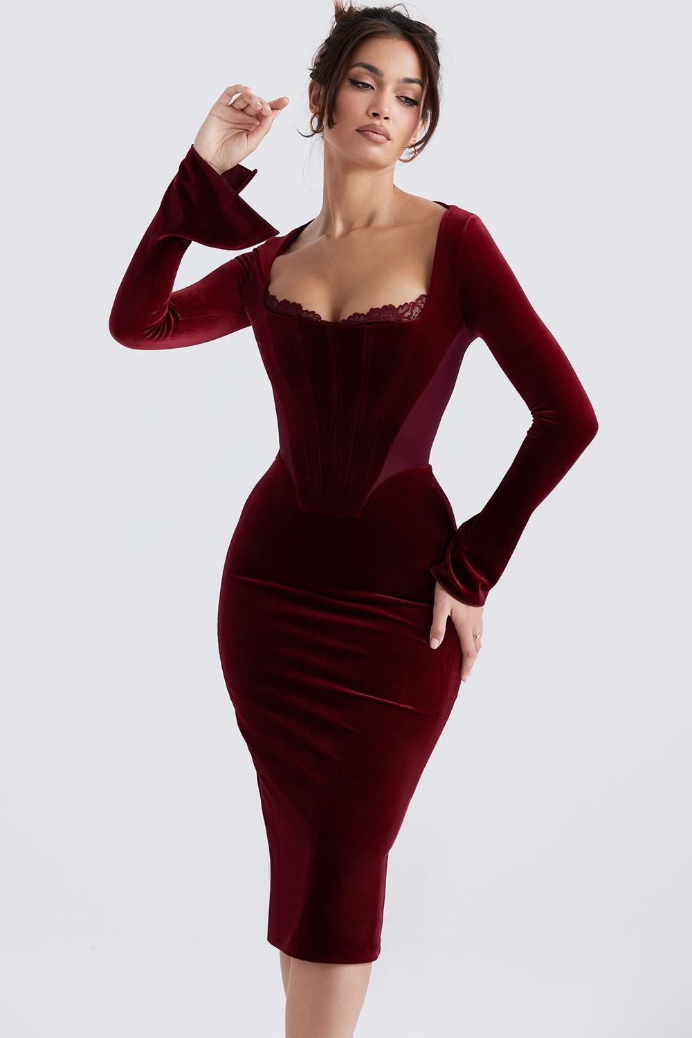 Solaine Wine Velvet Corset Dress Product Image