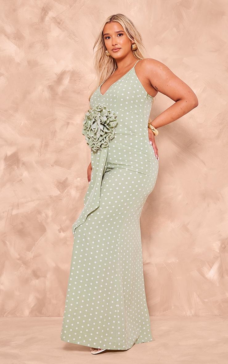 Plus Sage Polka Dot Satin Rose Detail Maxi Dress Product Image